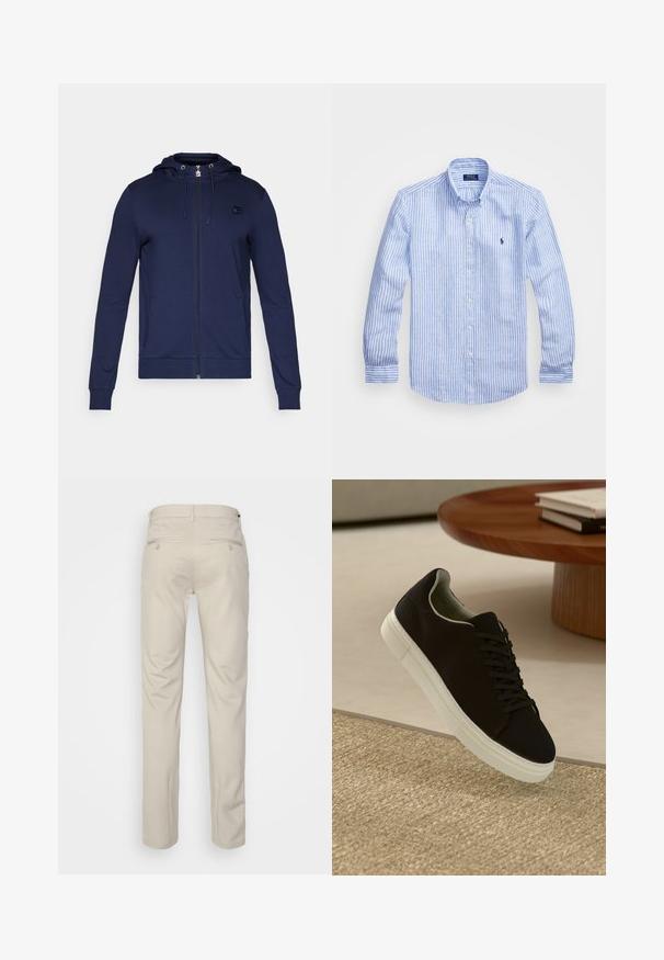 Hanorac pe navy, cu fermoar, realizat dintr-un material moale. Prezintă un glugă cu șnur, mâneci lungi și două buzunare laterale; include un mic accent cu logo.; Cămașă cu dungi albastre și albe, cu mânecă lungă, fabricată din bumbac, având un guler cu nasturi, nasturi pe față și un mic logo brodat pe piept.; Pantaloni bej cu o textură netedă, croială dreaptă, două buzunare laterale cu nasturi și un brâu standard.; Pantof din material textil negru, cu talpă albă, plutind deasupra unui covor texturat bej, lângă o masă rotundă din lemn cu cărți stivuite.