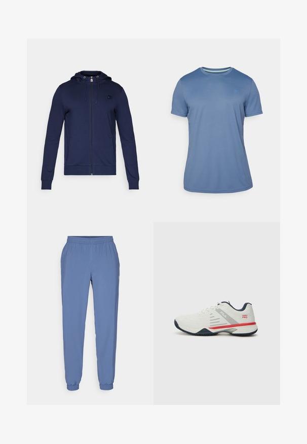 Felpa con zip color blu navy realizzata in tessuto morbido. Presenta un cappuccio con cordino, maniche lunghe e due tasche laterali; include un piccolo logo decorativo.; T-shirt a maniche corte di colore azzurro chiaro, realizzato in tessuto morbido. Presenta un collo rotondo con una finitura interna a contrasto e un piccolo logo decorativo.; Pantaloni jogger leggeri e blu con cintura elastica e polsini. Presentano una texture liscia e un piccolo logo sul lato.; Scarpa sportiva bianca con accenti grigi e rossi, tomaia in mesh testurizzato, suola flessibile e design distintivo del pannello laterale. Presenta una chiusura con lacci.