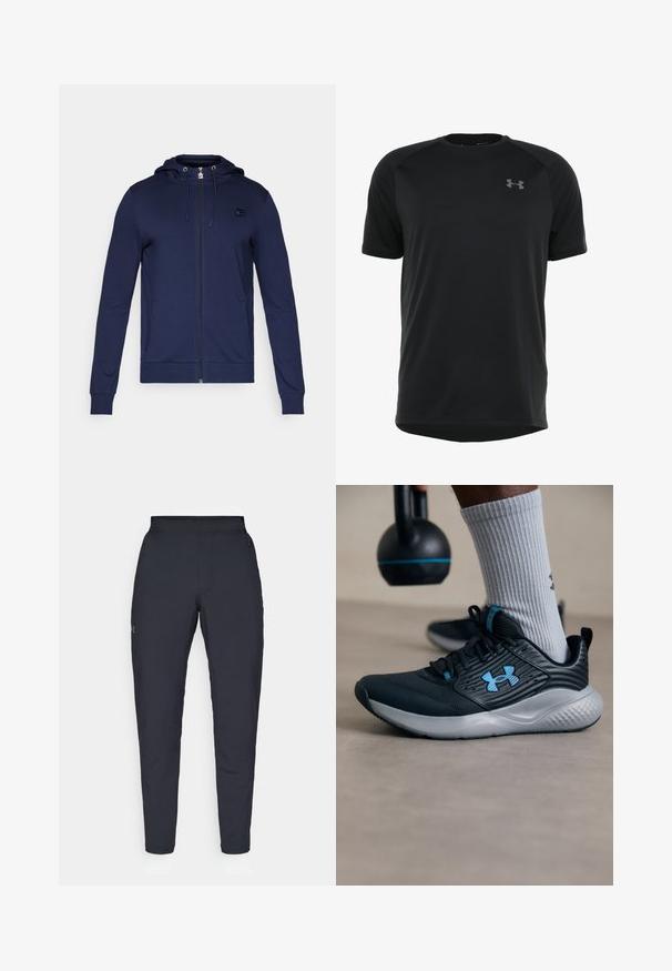 Felpa con zip color blu navy realizzata in tessuto morbido. Presenta un cappuccio con cordino, maniche lunghe e due tasche laterali; include un piccolo logo decorativo.; Maglietta atletica nera a maniche corte realizzata in tessuto morbido e leggero. Presenta un collo rotondo e un logo discreto sul petto.; Pantaloni sportivi neri con una texture liscia, vestibilità slim, vita elastica e tasche laterali. Presentano un piccolo logo sulla coscia sinistra.; Scarpone sportivo nero con accenti blu, tomaia testurizzata e suola grigia. Indossato con calzini grigi a costine, accanto a un kettlebell nero.