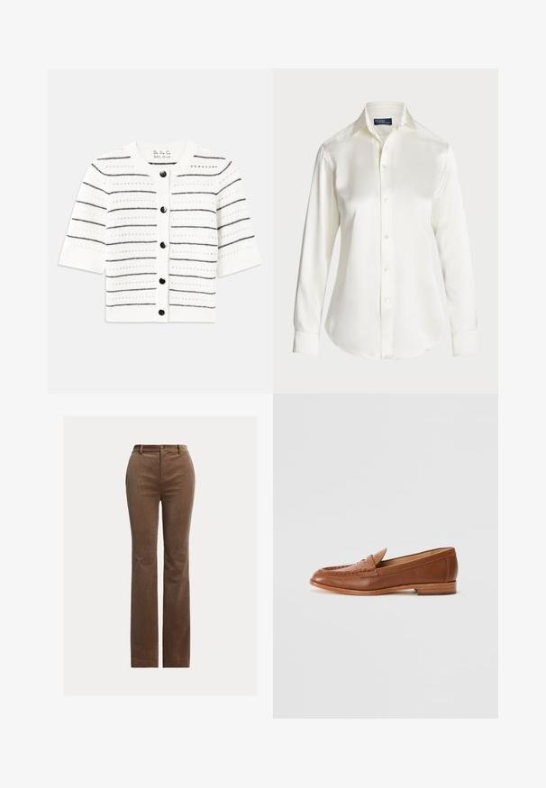 Bela kratka jakna s kratkimi rokavi in črnimi vodoravnimi črtami, ki ima okroglo izrez in gumbi za zaklepanje ter odprto pletenje.; Bela dolgimi rokavi gumbasta srajca, izdelana iz gladkega materiala, z klasičnim ovratnikom in rahlim sijajem, okroglo krojena z gumbnimi detajli.; Rjave kordurojske hlače s ravnim krojem, ki imajo zanke za pas, sprednje žepe in subtilno vertikalno rebrasto teksturo.; Lauren Ralph Lauren WYNNIE - Čevlji brez vezalk - deep saddle tan