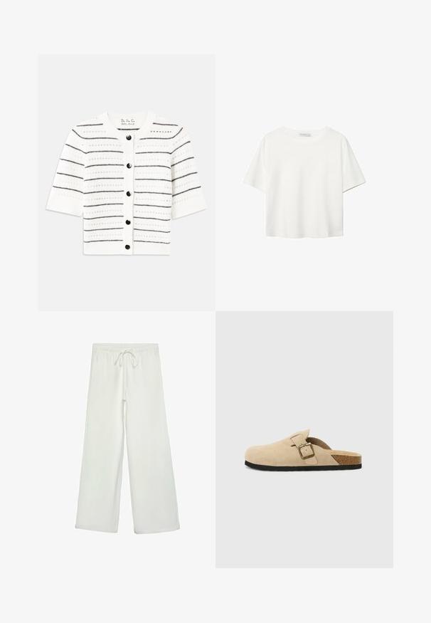 Weißer kurzärmliger Cardigan mit schwarzen horizontalen Streifen, Rundhalsausschnitt, Knopfverschluss und offenen Strickdetails.; Weißes T-Shirt mit kurzen Ärmeln aus Baumwolle. Hat einen Rundhalsausschnitt und eine lockere Passform. Glatte Textur ohne sichtbare Muster oder Akzente.; Weiße, weit geschnittene Hose aus weichem Stoff. Mit einem elastischen Bund und einem Kordelzug sowie einer glatten Oberfläche. Keine sichtbaren Muster oder Hardware.; Beige Wildleder-Slipper mit einem Korkfußbett, runder Zehenpartie und einem einfachen Riemen mit einer goldfarbigen Schnalle. Gummi-Sohle für besseren Halt.