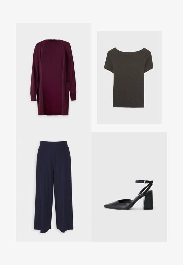 Vero Moda VMSILJE OPEN - Strickjacke - winetasting; Dunkelgraues Kurzarmoberteil mit Bootsausschnitt. Hergestellt aus geripptem Stoff, mit lockerer Passform und sauberem Saum. Einfaches Design, ohne Muster.; Weit geschnittene Hosen aus dunkelnavy Stoff mit strukturiertem Rippendesign. Merkmale sind ein glatter Hosenbund und eine luftige Silhouette, die bis zur Mitte der Wade reicht.; Schwarze Leder-Pumps mit spitzer Zehe, einem Knöchelriemen und einem blockigen Absatz. Flache Textur, elegantes Design und minimalistische Ästhetik.