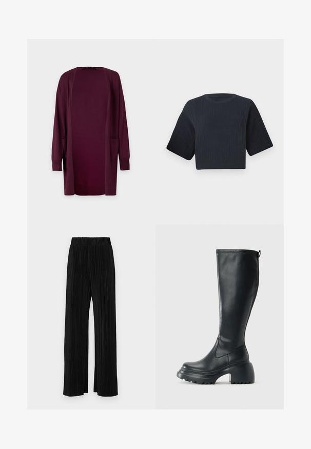 Vero Moda VMSILJE OPEN - Vest - winetasting; Donker marineblauw cropped gebreid sweater met ribbeltextuur, korte brede mouwen en een ronde halslijn. Eenvoudig ontwerp, zonder zichtbare patronen of accenten.; Zwarte geplooide broek met een elastische tailleband. Beschikt over wijde pijpen en een glad, gestructureerd stof met verticale strepen.; Hoge zwarte leren laars met een chunky plateauzool en blokhak, voorzien van een trekband en een gestructureerd profiel op de buitenzool.