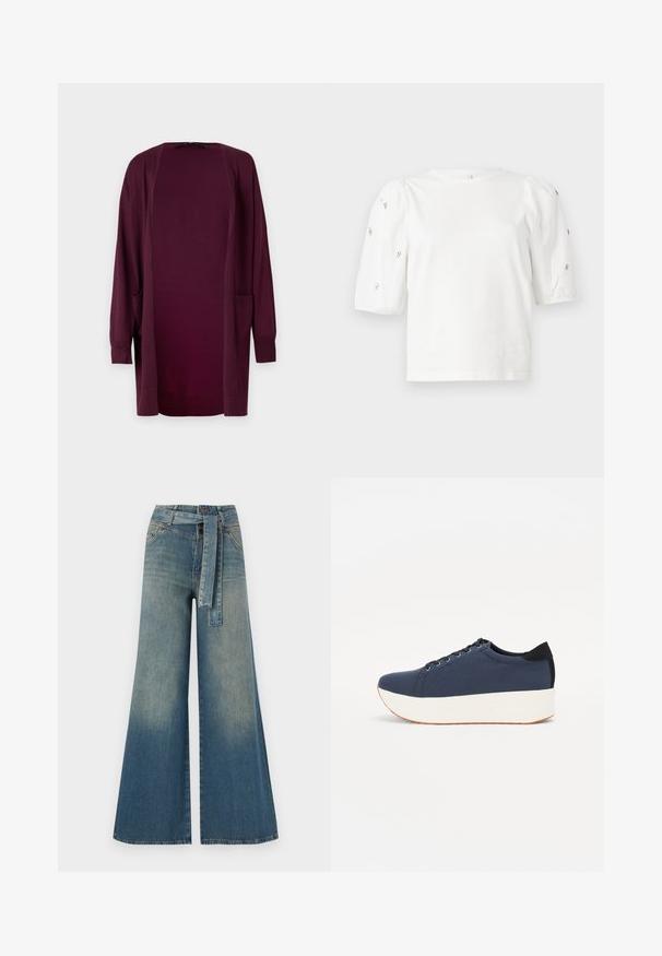 Vero Moda VMSILJE OPEN - Kardigan - winetasting; Valge puuvillane T-särk lühikeste puffkäistega, millel on väikesed hõbedased kaunistused käiste servades. Klassikaline ümmargune kaelus, vaba ja mugav lõige.; Laiad denimpüksid, millel on hele tume sinine gradiendiefekt, kõrge vöökoht, vöökumlid ja sobivast kangast vöö. Struktureeritud denimi viimistlus.; Tumedat sinised tennised tekstureeritud riidest pealispinnaga, valge platvormi tallaga, ümarate varvaste ja musta kontsapaneeliga. Omab kuut silma paelte jaoks.