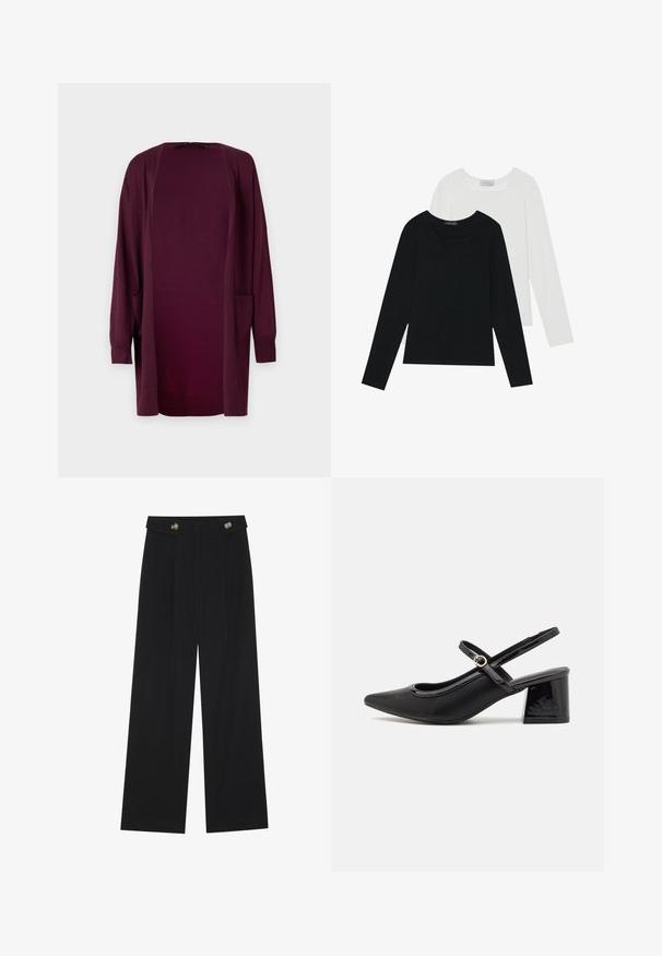 Vero Moda VMSILJE OPEN - Kardigán - winetasting; Dvoje dlhých rukávov, jedny čierne a jedny biele, s hranatým výstrihom a vyrobené z mäkkého, elastického materiálu.; Čierne široké nohavice s vysokým pásom, so zapínaním na gombíky na páse a prednými sklady.; Čierne lakované kožené lodičky so slingback dizajnom, špicatou špičkou, zaobleným výrezom a blokovým podpätkom. Obsahuje akcent zlatého tónu s prackou.