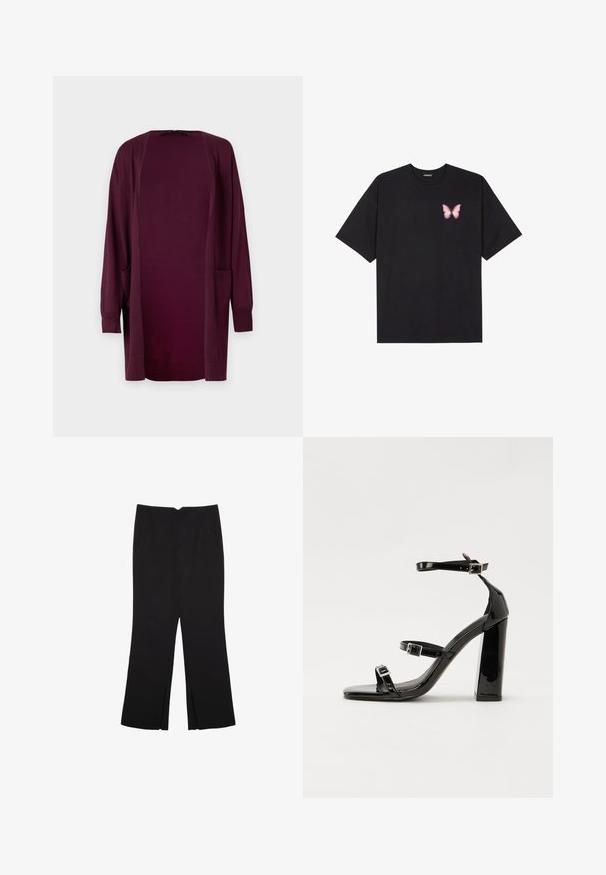 Vero Moda VMSILJE OPEN - Cardigan - winetasting; T-shirt nera in cotone con maniche corte, caratterizzata da una piccola grafica di una farfalla rosa sul lato sinistro del petto. Design a girocollo con una vestibilità rilassata.; Pantaloni neri a gamba dritta, con tasche frontali e spacchi laterali all'orlo. Realizzati in tessuto morbido e liscio. Adatti a diverse occasioni.; Sandali con tacco in vernice nera, con punta squadrata, cinturini alla caviglia e fibbie in argento. Presentano un tacco a blocco spesso per maggiore stabilità.