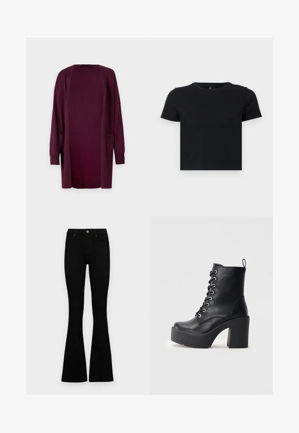 Vero Moda VMSILJE OPEN - Cardigan - winetasting; Black short-sleeve t-shirt made from soft cotton. Features a round neckline and a fitted design. Smooth texture without patterns or accents.; Black high-waist jeans with a button and zip closure, front pockets, and flared legs laid flat on a white background.; Black leather ankle boot with a chunky block heel, lace-up front, and textured surface. Features a tab on the back for easy wear.
