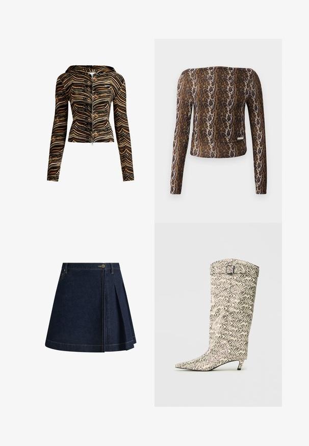 Džemper s kapuljačom na zip, u smešnom crnom i smešnom smešnom smešnom smešnom smešnom smešnom. Napravljen od strukturalnog materijala, ima duge rukave i kroj koji se dobro prianja.; Dugi rukav krojeni top s uzorkom leoparda, koji se odlikuje glatkom teksturom, smešnim i crnim nijansama, te suptilnim logotipom na rubu.; Tamna plava traper suknja s nabranim dizajnom, vidljivim šavovima i kopčanjem na gumbe u struku. Ima klasičan A-linijski oblik.; Čizmice do koljena napravljene od uzorčane umjetne kože u krem i crnim tonovima, s izoštrenim prstom i malim, blok potpeticama s detaljem kopče.