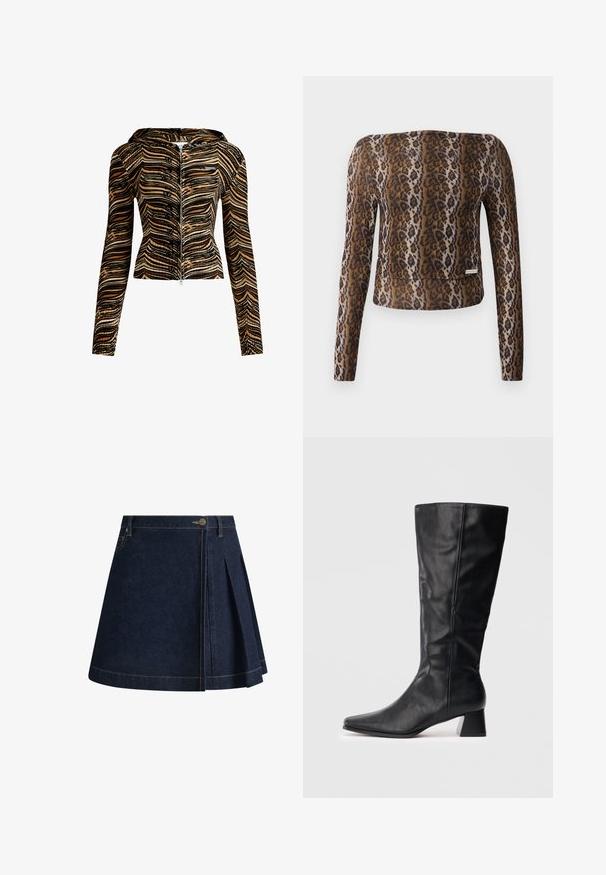 Hooded zip-up jacket in a brown and black wave pattern. Made of textured fabric, it features long sleeves and a fitted design.; Leopard print long-sleeve cropped top, featuring a smooth texture, brown and black color palette, and a subtle logo accent at the hem.; Denim skirt in dark blue with a pleated design, visible stitching, and a button closure at the waist. Features a classic A-line shape.; Black mid-calf leather boot with pointed toe and block heel on plain light background.