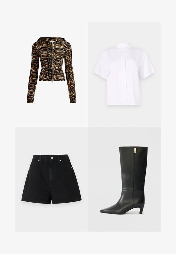 Kapuciiniga tõmblukuga jakk pruunide ja mustade lainete mustris. Valmistatud tekstuurses kangas, sellel on pikad varrukad ja istuv disain.; Lühikeste varrukatega valge särk, mis on valmistatud siledast kangast, millel on terava krae ja nööbiplack, millel on roheline aktsentnööp.; Mustad denim lühikesed püksid kõrge vöökoht, viie tasku, hõbedased detailid ja tavaline lõige, sile tekstuur ja puhas viimistlus.; Mustmustest mustakõrgune musta nahast saabas terava ninaga ja väikese kontsaga. Omab sujuvat disaini kuldse aksendi detailiga. Sile tekstuur.