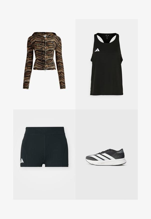 Casaco com capuz e fecho zip em padrão de onda castanho e preto. Feito de tecido texturizado, possui mangas longas e um design justo.; Camisola de desporto preta sem mangas com decote redondo e design de costas abertas. Apresenta um logótipo branco da Adidas na área do peito esquerdo. Tecido suave e leve.; Calções atléticos pretos feitos de um tecido elástico, com uma cintura alta, forma ajustada e logótipo branco da Adidas no lado esquerdo.; Shoe atlético preto com riscas brancas, parte superior em malha, sola acolchoada e um design elegante. Detalhes em cinza no calcanhar e na lingueta.