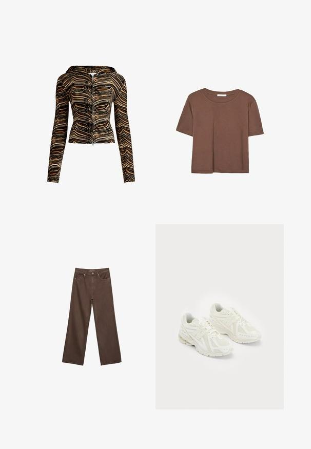 Mikina s kapucí na zip v hnědo-černém vlnitém vzoru. Vyrobena z texturované tkaniny, má dlouhé rukávy a přiléhavý střih.; Hnědé tričko s krátkým rukávem vyrobené z měkké látky, s kulatým výstřihem a volným střihem. Bez viditelných vzorů nebo dekorací.; Hnědé džíny s širokými nohavicemi vyrobené z denimu, s vysokým pasem, předními kapsami a klasickým zapínáním na knoflík. Hladká textura s jemným švem.; Bílé atletické boty vyrobené z prodyšných a syntetických materiálů, s tkaničkovým designem, polstrovaným límcem a texturovanou podrážkou pro lepší přilnavost. Lehké provedení.