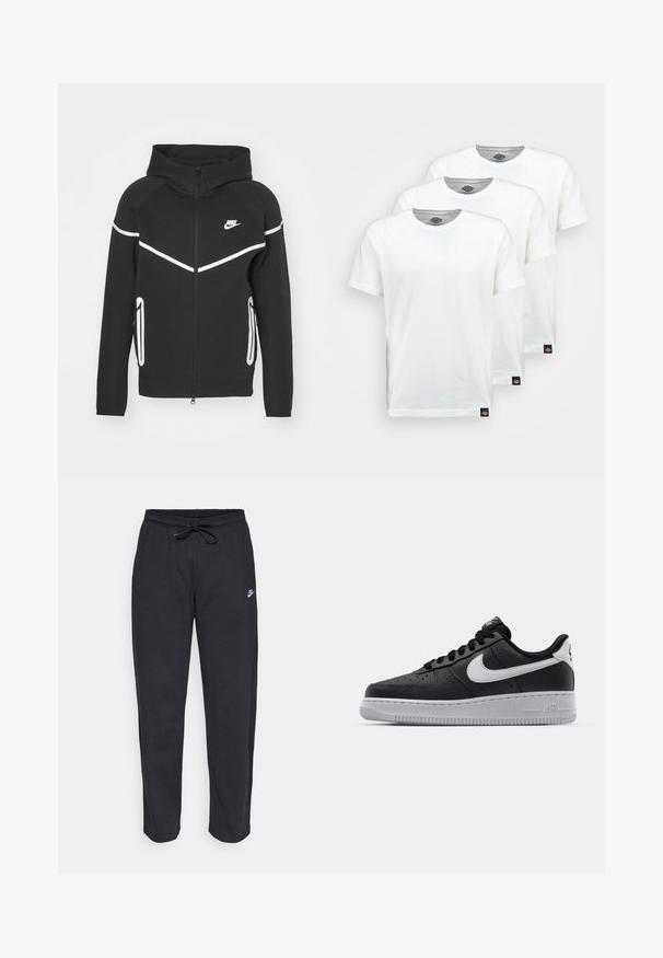 Nike Sportswear TECH FLEECE - Sweatjakke - black; Tre hvite bomullst-skjorter med korte ermer. Hver skjorte har en rund hals og et lite svart logomerke på venstre side.; Sorte sweatpants laget av mykt stoff med elastisk midjebånd, snøring og en liten Nike-logo på venstre lår.; Svart lær sneakers med teksturert overflate, hvit Nike swoosh, grå såle, rund tå og snøredesign. Har perforeringer på tåboksen.