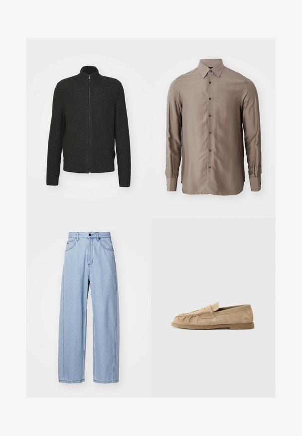 Tmavě šedý pletený svetr se zipovým zapínáním, vysokým límcem, dlouhými rukávy a žebrovanými manžetami a spodním lemem. Texturovaná, středně silná látka.; Kostková košile s dlouhým rukávem v taupe barvě, vyrobená z hladkého materiálu, s zapínáním na knoflíky a tmavými knoflíky, s malým logem na hrudi.; Světle modré džíny z denimu s širokým střihem, které mají přední kapsy, zapínání na knoflík a podrobné prošívání podél švů.; Béžové semišové slip-on mokasíny s nařaseným designem, mají plochou podrážku a dekorativní pásek přes nárt. Hladký povrch.