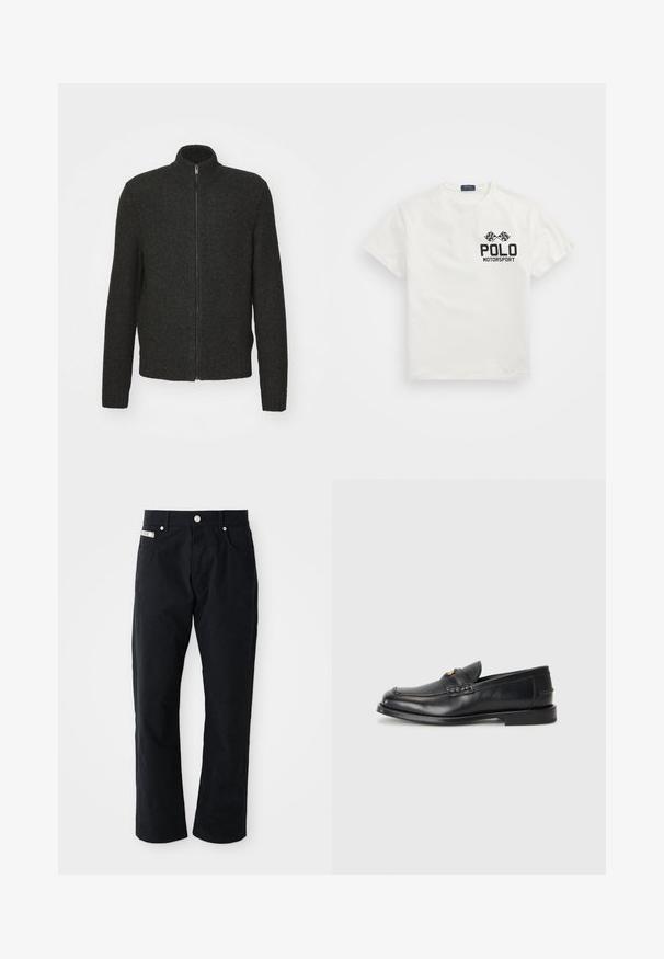Temno siva pletena jopica z zadrgo, visokim ovratnikom, dolgimi rokavi ter rebrastimi manšetami in robom. Teksturovana, srednje debela tkanina.; Bela bombažna majica s krožnim vratom, na kateri je črn logotip "Polo Motorsport" in križani šahovnicasti zastavi na levem prsnem delu.; Črne bombažne hlače s ravnim krojem, petimi žepi, srebrnimi dodatki in subtilno teksturirano površino.; Črne usnjene loafersice imajo zaokrožen nosek, šivano detajliranje in majhen zlat akcent na sprednji strani. Podplat je raven in diskreten.