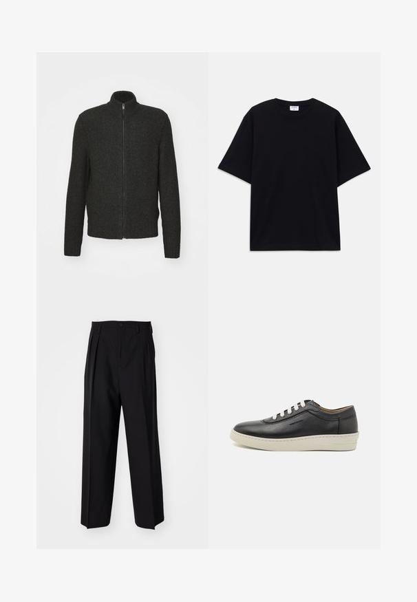 Sötét szürke kötött pulóver cipzáras záródással, magas gallérral, hosszú ujjakkal, bordázott mandzsettákkal és aljjal. Strukturált, közepes vastagságú anyag.; Fekete, rövid ujjú, oversize póló kerek nyakkivágással és látható Filippa K márkacédulával a gallér belső részén.; Fekete, pliszírozott nadrág, egyenes, széles lábakkal. Sima anyagból készült, gombos záródással és övhurkokkal rendelkezik.; Fekete bőr sportcipő fehér gumitalppal, kerek orral és lapos fűzőkkel, oldalsó varrás részletekkel és diszkrét logózással.