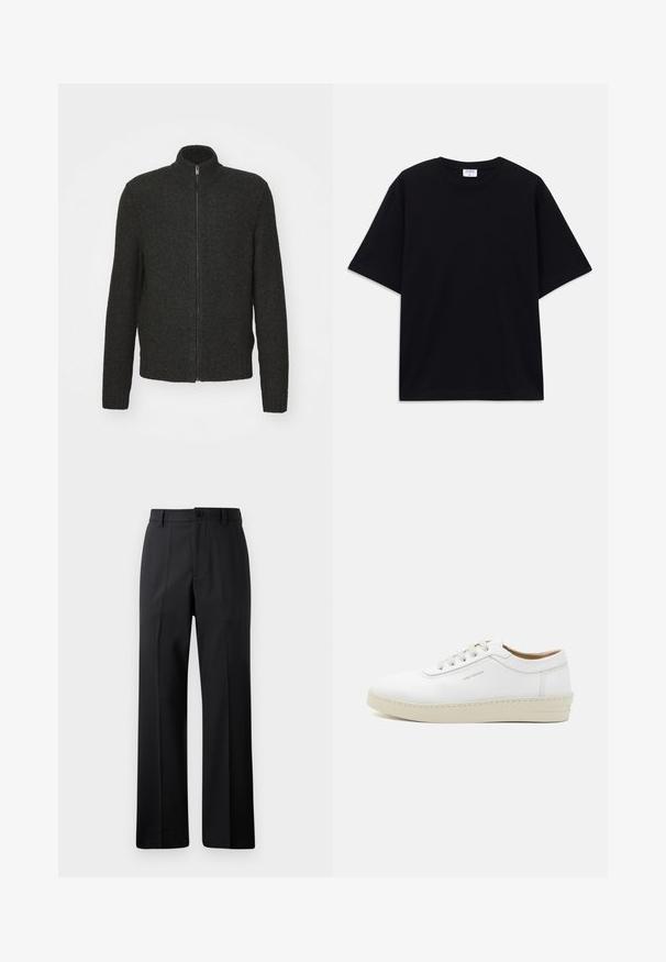 Donkergrijze gebreide trui met een ritssluiting, hoge kraag, lange mouwen en een geribde boord en onderkant. Gestructureerde, gemiddelde dikte stof.; Zwarte oversized T-shirt met korte mouwen en ronde hals, met zichtbaar Filippa K merkelabel aan de binnenkant van de kraag.; Zwarte rechte broek met riemlussen, voorknop en rits, weergegeven op een effen witte achtergrond.; Witte leren sneaker met een gestructureerde afwerking, ronde neus, beige rubberen zool en zes grijze vetersleuven, met onopvallende branding aan de zijkant.