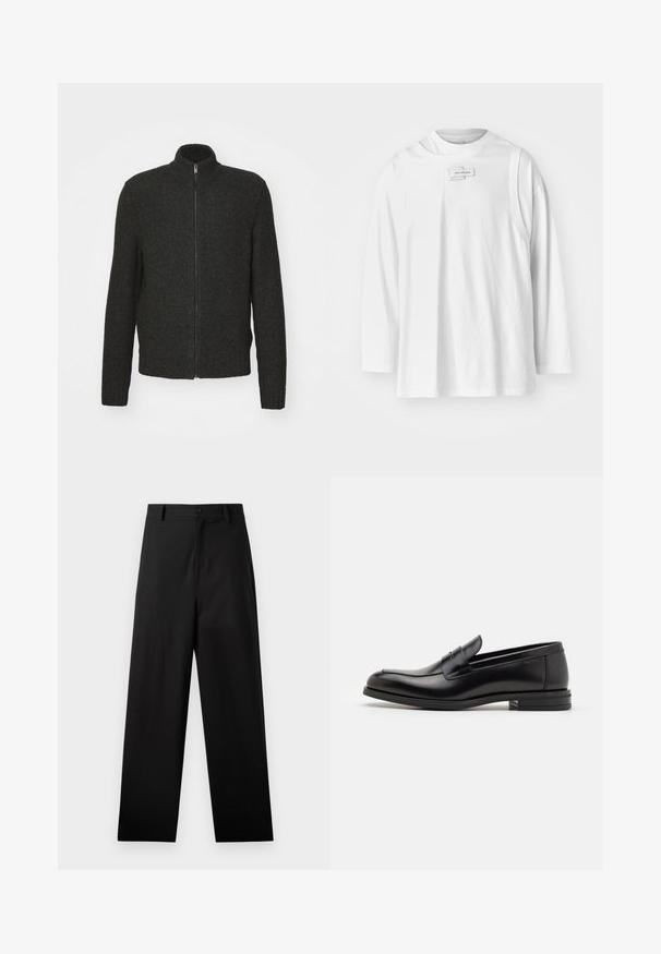 Tumehall villane kardigan, millel on tõmblukk, kõrge krae, pikad varrukad ning soonikkoes mansetid ja põhi. Faktuuriga, keskmise paksusega kangas.; Feng Chen Wang DECONSTRUCTION UNISEX - Pikkade varrukatega topp - white; Mustriga mustad puuvillased püksid sirge jala disainiga, ees nupuga kinnitamine ja küljetaskud. Sile tekstuur, mustriteta.; Mustad mustad nahast loafers sileda tekstuuriga, ümarat ninaosa ja dekoratiivne riba vampi üle. Madal kihiline konts, minimalistlik disain.