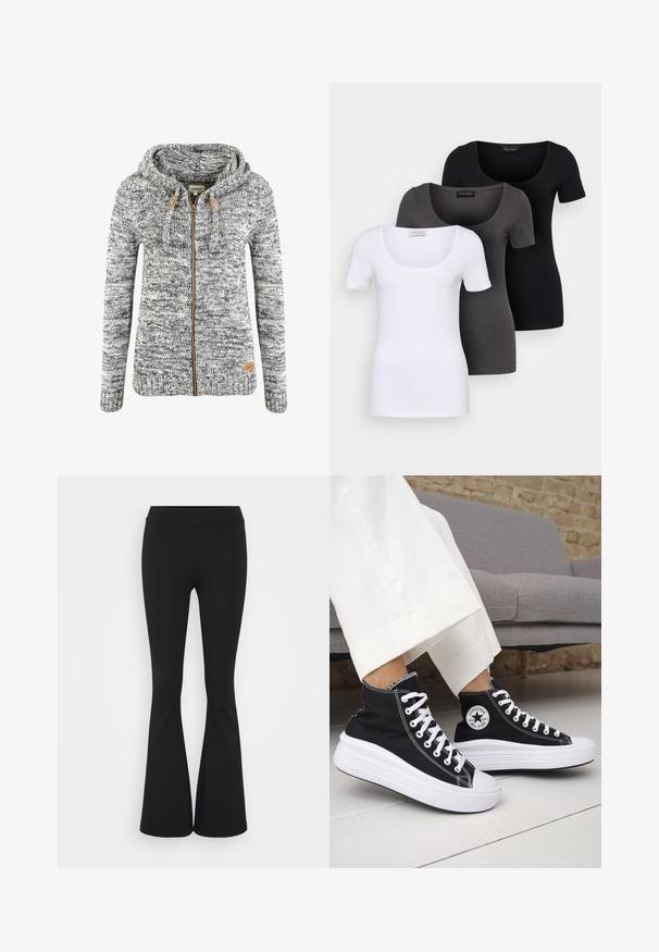 Grå och vit stickad huvtröja med dragkedja, snörning och bruna läderdetaljer. Ribbad mudd och nederkant. Logotypmärke på den nedre sidan.; Tre åtsittande T-shirts i vitt, grått och svart. Var och en har en bred rundad halsringning och korta ärmar. Tillverkade av mjukt, stretcht tyg.; Svarta utsvängda byxor i elastiskt tyg med hög midja och en mjuk textur. Byxorna vidgar sig från knäet.; Svarta höga sneakers med vita gummisulor och snören. Har en rund logotypmärke och kontrasterande vita sömmar. Tillverkade av canvasmaterial.