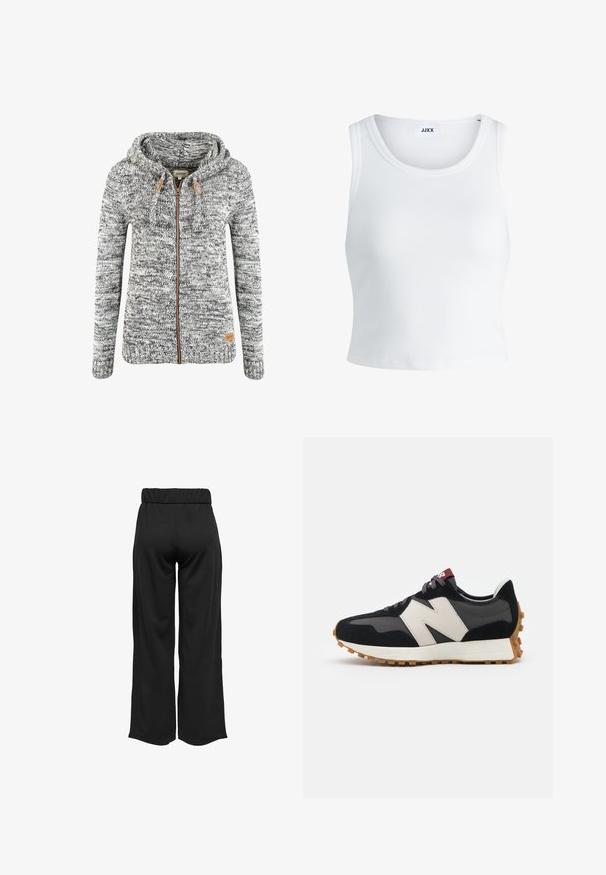 Gray and white knitted hoodie with a zipper, drawstring, and brown leather accents. Ribbed cuffs and hem. Logo tag on lower side.; White ribbed tank top featuring a round neckline, sleeveless design, and a cropped length. Label reads "JJXX." Smooth fabric texture.; Black, wide-leg pants with an elastic waistband, made from smooth fabric. Features a clean design with no pockets or visible stitching details.; Black and gray suede sneaker with a large cream-colored "N" logo, purple laces, and a textured gum rubber outsole.