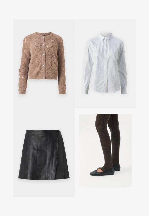 Brauner gestrickterCardigan mit einem Rautenmuster, Rundhalsausschnitt und Knopfverschluss. Besitzt eine weiche Textur und gerippte Bündchen.; Weißes Hemd mit Knöpfen, aus glattem Baumwollstoff, mit klassischem Kragen, langen Ärmeln und abgerundetem Saum. Die Knöpfe sind klein und weiß.; Schwarzer Kunstleder-Minirock mit Wickel-Frontdetail, das an der rechten Seite mit einem Knopf gesichert ist, glatte Textur und leichter Glanz.; Schwarze flache Schuhe mit einem kleinen Schleifendetail an der Zehe, kombiniert mit dunkelbraunen gerippten Strumpfhosen. Die Schuhe haben eine glatte Textur und ein niedriges Profil.