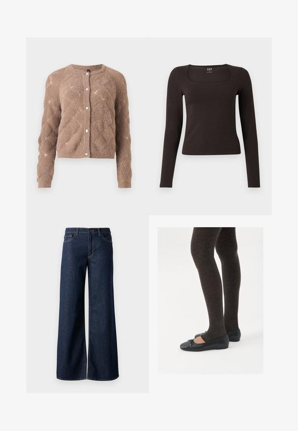 Rudas mezgimo kardiganas su deimanto raštu, apvaliu kaklu ir mygtukų užsegimu. Pasižymi minkšta tekstūra ir įmantriomis apykaklėmis.; Juoda ilgomis rankovėmis, prigludusi bluzonėlė su kvadratine iškirpte, žymėta GAP, rodoma baltame fone.; Plati kojinės džinsai tamsiai mėlynos džinsinės medžiagos. Yra kontrastingas siuvimo ornamentas, penkios kišenės ir užsegimas mygtuku juosmenyje. Lygus paviršius.; Juodos plokščios bateliai su maža kaspinėlio detale prie pirštų, derinami su tamsiai rudos spalvos raukšlėtomis pėdkelnėmis. Bateliai turi lygų paviršių ir žemą profilį.