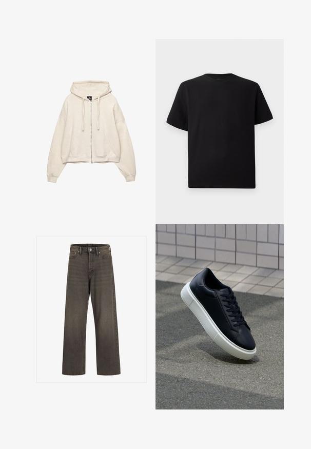 Crème-kleurige zip-up hoodie met een trekkoordkap, oversized pasvorm en een voorste kangaroozak. Gemaakt van zachte, gestructureerde stof.; Zwarte T-shirt met korte mouwen van gemerceriseerd stof, met een ronde halslijn en een relaxte pasvorm. Eenvoudig, zonder patronen of accenten.; Wijde jeans in donkergrijze denim met een hoge taille, een klassieke vijf-pocketontwerp en contrasterende stiksels langs de naden.; Zwarte leren sneaker met een ronde neus en een witte rubberen zool. Voorzien van platte veters en minimale stiksels op het bovenwerk. Textuurrijke zool voor grip.