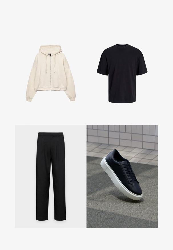 Krémová zipová mikina s kapucňou a sťahovacou šnúrkou, vo voľnom strihu, s predným kloktaním vreckom. Vyrobená z mäkkej, textúrovanej látky.; Čierne bavlnené tričko s okrúhlym výstrihom, krátkymi rukávmi a uvoľneným strihom. Hladká textúra bez viditeľných vzorov alebo akcentov.; Čierne nohavice vyrobené z hladkej tkaniny, s rovnými nohavicami, dvoma prednými skladmi a štandardným pásom s pútkami na opasok.; Čierne kožené tenisky s okrúhlou špičkou a bielou gumovou podrážkou. Majú ploché šnúrky a minimálne šitie na vrchu. Textúrovaná podrážka pre lepšiu priľnavosť.