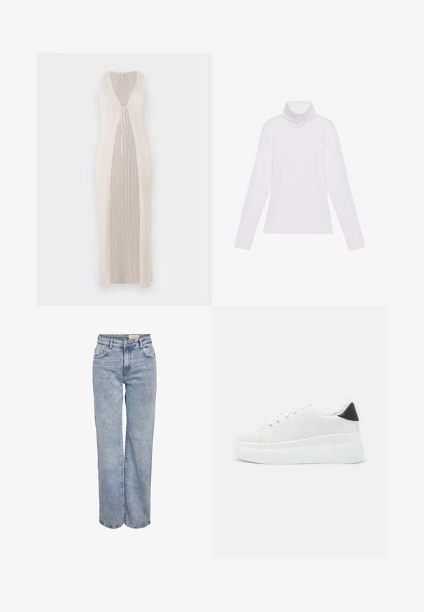 Vestido longo branco canelado com decote em V profundo e fecho frontal, apresentando aberturas laterais para uma silhueta fluida.; Camisola de gola alta de mangas longas, feita de um tecido liso e elástico. Apresenta um colarinho alto e um design ajustado, sem padrões ou adornos visíveis.; Jeans de perna larga em azul-claro, feitos de denim, com cintura alta, design de cinco bolsos e um desvanecimento sutil para um aspeto usado.; Tênis plataforma brancos feitos de material sintético suave, apresentando ponta arredondada, design com cadarços e sola de borracha texturizada. Acento preto no calcanhar.