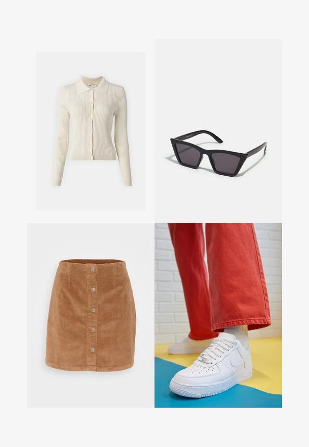 Žebrovaný krémový kardigan s límečkem, dlouhými rukávy a zapínáním na knoflíky. Materiál je lehký a strukturovaný.; Tři dlouhé rukávy topy ve zkrácené délce naskládány na sobě, barvy bílá, béžová a tlumená modrozelená, s kulatými výstřihy na světle šedém pozadí.; Mini sukně z kordu v světle hnědé barvě s předním zapínáním na knoflíky, sedmi stříbrnými knoflíky a texturovanou, žebrovanou tkaninou.; Bílé kožené tenisky s perforovanou špičkou, texturovanou podešví a bílými tkaničkami, v kombinaci s širokými červenými kalhotami a modro-žlutým pozadím.; Černé, ostré sluneční brýle s šedými skly; vyrobené z plastu, s mohutnými rameny a hladkým povrchem bez viditelného hardwaru.; Zlaté kruhové náušnice s hladkým, lesklým povrchem. Kruhový design s malým kolíčkem a průhledným záznamem pro bezpečné nošení.