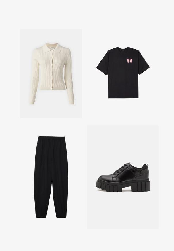 Ribbed cream cardigan with a collar, featuring long sleeves and a button-down front. Material is lightweight and textured.; Black cotton t-shirt with short sleeves, featuring a small pink butterfly graphic on the left chest. Crew neck design with a relaxed fit.; Black, lightweight pants with an elastic waistband and gathered ankles. The fabric is smooth and features a relaxed, tapered design.; Black leather platform shoes with a chunky block heel, round toe, and traditional lace-up design. Features smooth texture and minimal detailing.