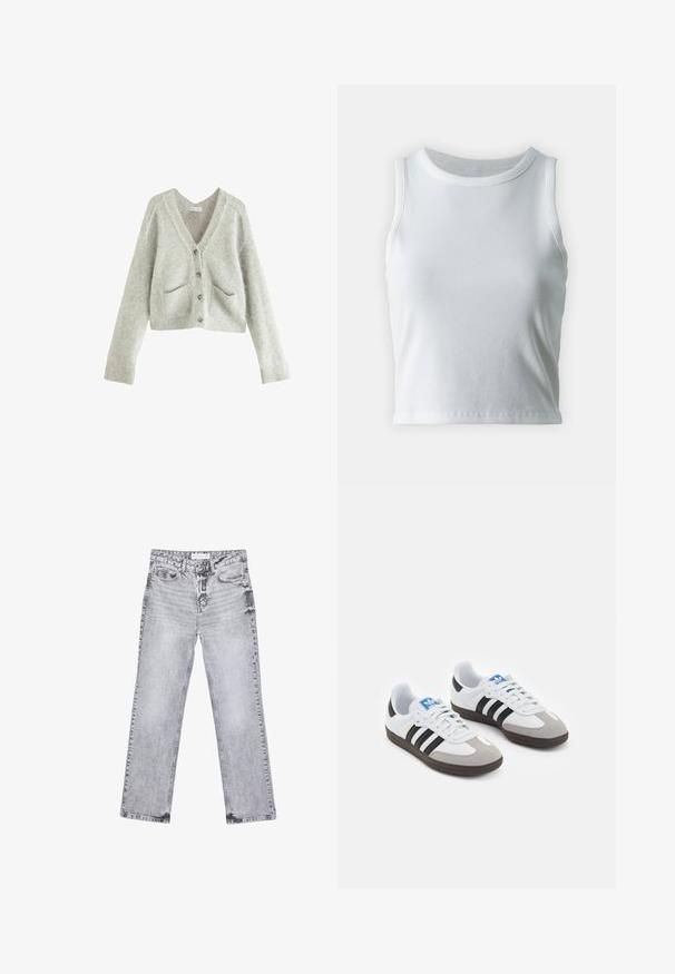 Lys grå cropped cardigan lavet af blødt, tekstureret stof. Har en dyb V-hals, fem knapper og to forlommer.; Hvid ribbet tanktop med rund halsudskæring og ærmeløs design, med en lige kant og en glat, strækbar tekstur.; Grå denim jeans med lige ben, distressed detaljer, fem lommer og kobbernitter. Taljebåndet har et logomærke.; Sportsko med en overdel i hvid læder, grå ruskind på tåen og tre sorte striber. Har et blåt logo på tungen og en struktureret gummisål.