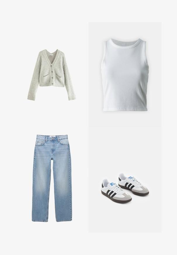 Jasnoszara, krótkia kardigan wykonana z miękkiej, teksturowanej tkaniny. Ma głęboki dekolt w kształcie litery V, pięć guzików oraz dwie przednie kieszenie.; Biała, prążkowana koszulka na ramiączkach z okrągłym dekoltem i bez rękawów, z prostym dołem i gładką, elastyczną teksturą.; Jasnoniebieskie dżinsy o prostym kroju, pięć kieszeni oraz widoczne detale przeszycia. Tkanina ma miękką, lekko wyblakłą strukturę.; Buty sportowe z białą skórzaną cholewką, szarym zamszowym noskiem i trzema czarnymi paskami. Posiadają niebieskie logo na języku oraz teksturowaną gumową podeszwę.