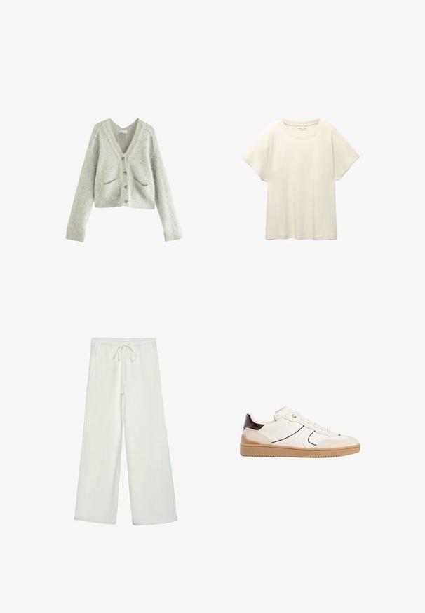 Light grey cropped cardigan made of soft, textured fabric. Features a deep V-neck, five buttons, and two front pockets.; Light beige short-sleeve t-shirt with a round neckline, made of soft, smooth fabric. Features a relaxed fit and straight hemline.; White wide-leg pants made of soft fabric. Features an elastic waistband with a drawstring and a smooth texture. No visible patterns or hardware.; Stradivarius Trainers - white