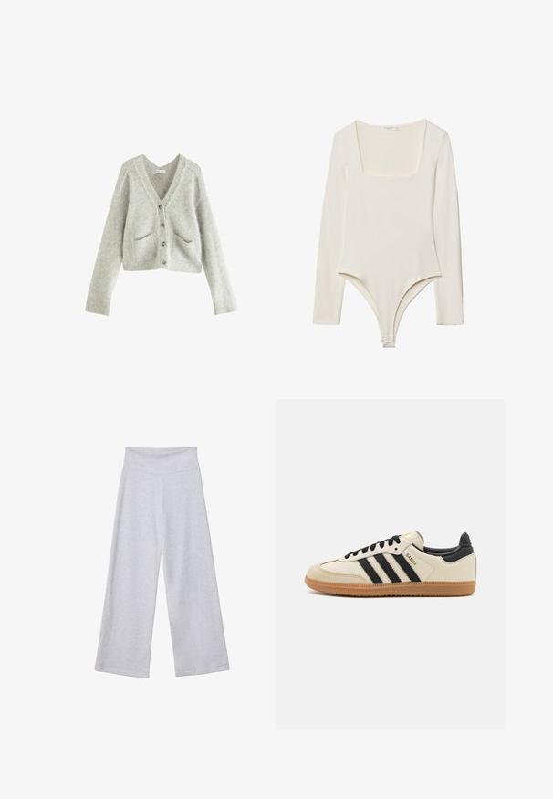 Hellgraue, kürzere Strickjacke aus weichem, strukturiertem Stoff. Sie hat einen tiefen V-Ausschnitt, fünf Knöpfe und zwei vordere Taschen.; Langärmliger Bodysuit in hellem Creme mit quadratischem Ausschnitt, glatter Textur und Druckknöpfen im Schritt für einfaches Anziehen.; Helle graue, weit geschnittene Hose mit hohem Bund. Hergestellt aus weichem Stoff, mit glatter Textur und lockerer Passform für maximalen Komfort.; Beige Sport Schuh mit schwarzen Streifen, Gummisohle und schwarzen Akzenten. Verfügt über ein Obermaterial aus glattem Leder und ein rundes Zehendesign.