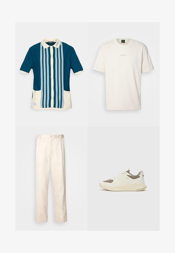 Polo de manga corta en verde azulado con rayas verticales azul claro. Cuenta con un cuello color crema y dos bolsillos frontales.; BOSS TEE - Camiseta básica - open white; Pantalones de algodón beige con corte recto, que cuentan con un cierre de botón y pliegues en la parte frontal para un detalle adicional.; Zapatilla deportiva en blanco y beige claro, con parte superior de malla, detalles perforados y una mediasuela texturizada con la marca en el talón.
