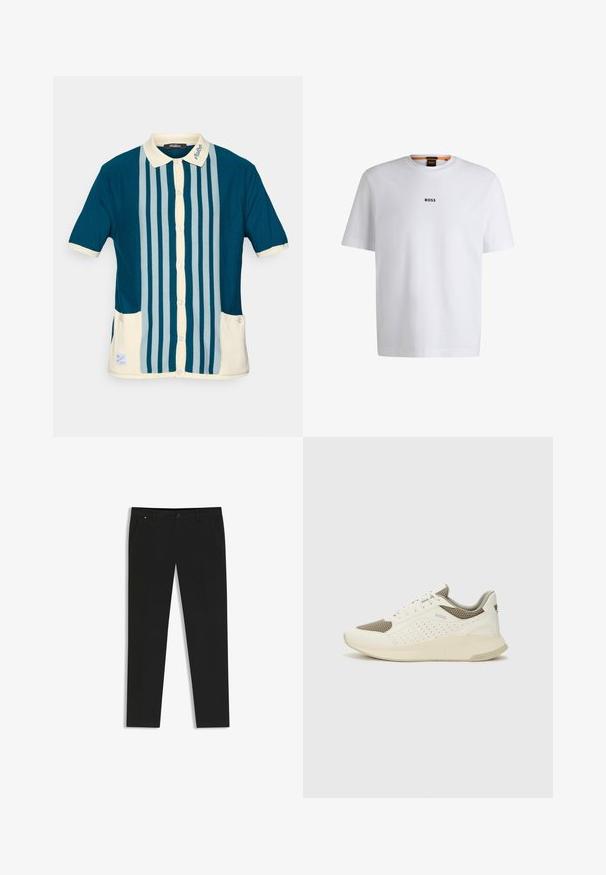 Short-sleeve polo shirt in dark teal with light blue vertical stripes. Features a cream-colored collar and two front pockets.; White cotton T-shirt with short sleeves, featuring a black "BOSS" logo centered on the chest and a round neck design.; Black trousers made of smooth fabric, featuring a straight leg design, side pockets, a front button closure, and subtle branding detail.; White and light beige athletic sneaker, featuring a mesh upper, perforated detailing, and a textured midsole with branding on the heel.
