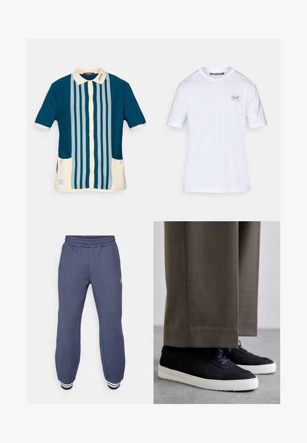 Polo majica kratkih rukava u tamnoplavoj boji s svijetloplavim okomitima. Sadrži kragnu u boji kreme i dvije prednje džepove.; Bijela majica kratkih rukava od pamuka. Sadrži mali kružni crni logotip na lijevoj strani prsiju i klasični okrugli izrez.; Tamno plave trenirke od mekog materijala, s elastičnim pojasom i rebrastim manžetama s bijelim prugama na gležnjevima; suptilan reljefni uzorak.; Crne nubuk tenisice s bijelim gumenim potplatima, s zaobljenim vrhom i vezicama, uparene s sivim krojenim hlačama.