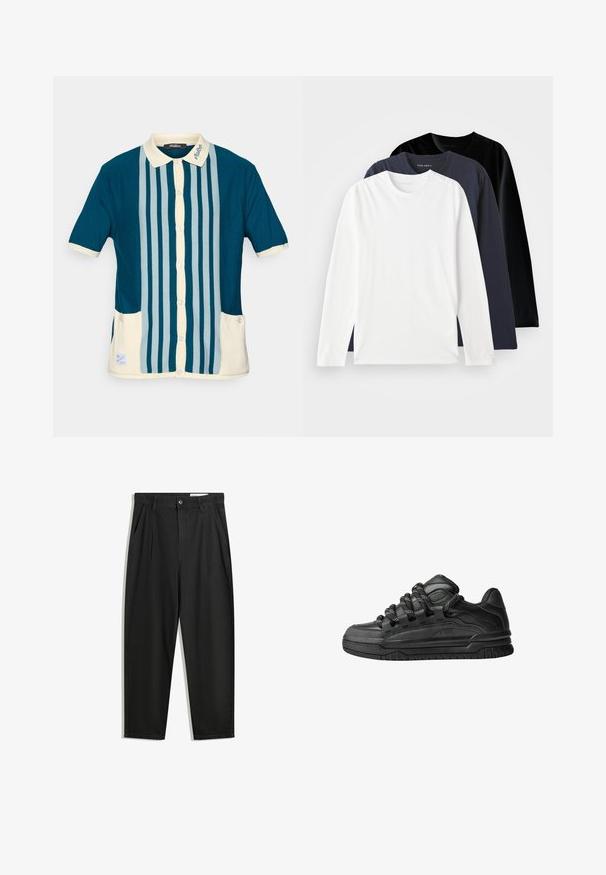 Korte mouwen polo in donker teal met lichtblauwe verticale strepen. Heeft een crèmekleurige kraag en twee voorzakken.; Drie langmouwen T-shirts gestapeld: één witte, één donkerblauwe en één zwarte. Gemaakt van soepel katoen, met ronde halslijnen en zijsplitten.; Zwarte katoenen broeken met een losse pasvorm, voorzien van een klassieke tailleband, voorplooien en zijzakken. Gladde structuur zonder patronen.; Zwarte sneakers met een glad leren bovenwerk, gearceerde accenten en ronde zwart-witte veters. Dikke rubberen zool met een geprofileerd loopvlak.