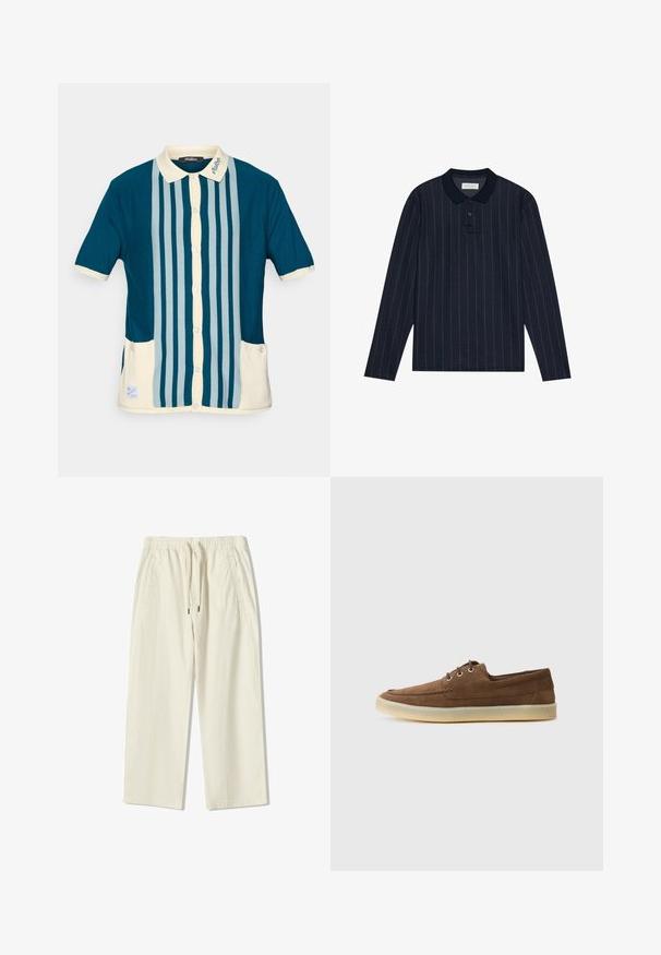 Korte mouwen polo in donker teal met lichtblauwe verticale strepen. Heeft een crèmekleurige kraag en twee voorzakken.; Marineblauwe polo met lange mouwen en een kraag, voorzien van dunne verticale strepen en een knoopsluiting met drie knopen. Zachte stofstructuur.; Crèmekleurige, lichte, wijde broek met een elastische tailleband, verstelbaar trekkoord en twee zijzakken. Textiel met structuur.; Bruine suede schoenen met een laag profiel, vetersluiting, rubberen zool en contrasterende stiksels. Eenvoudige en functionele stijl.