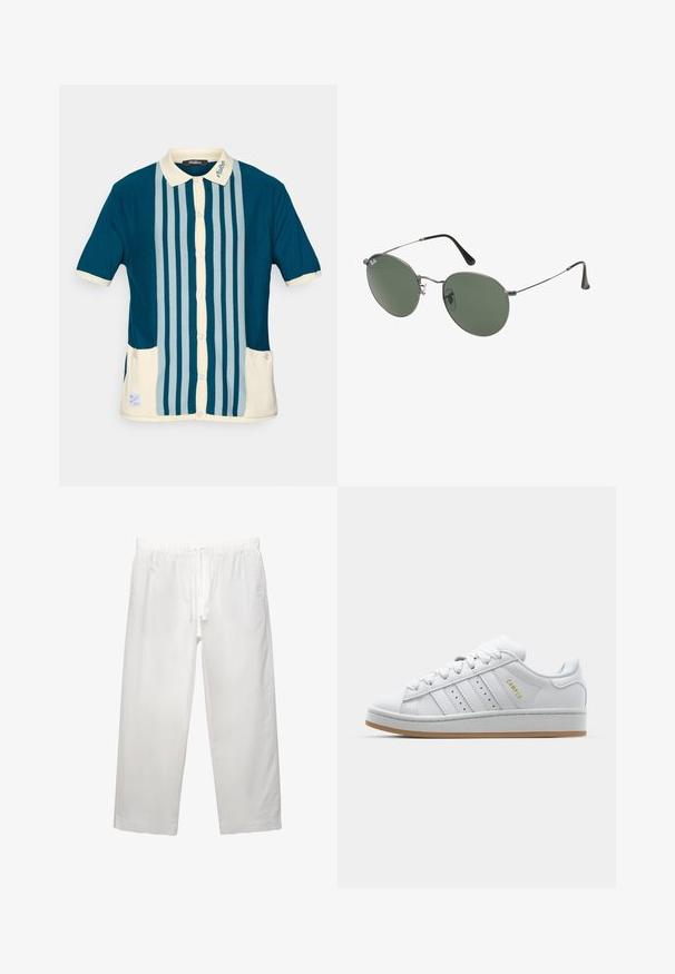 Polo tričko s krátkymi rukávmi v tmavomodrom odtieni so svetlomodrými vertikálnymi pruhmi. Obsahuje krémový golier a dve predné vrecká.; Biele bavlnené tričko s krátkymi rukávmi, okrúhlym výstrihom a voľným strihom. Hladká textura bez viditeľných vzorov alebo akcentov.; Biele ľanové nohavice s elastickým pásom a šnúrkou, širokým strihom a čistými švami. Hladká textúra s ležérnym strihom.; Biele tenisky s perforovaným dizajnom trojprúžku, textúrovanými akcentmi, gumovou podrážkou a zlatým logom "CAMPUS" na boku.; Sunglass s metalovým rámom s oválnymi zelenými šošovkami. Tenký strieborný kovový rám a čierne štuple za uši. Minimalistický dizajn, bez viditeľných log.