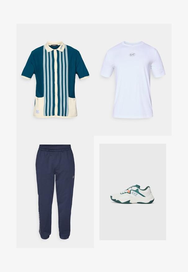 Short-sleeve polo shirt in dark teal with light blue vertical stripes. Features a cream-colored collar and two front pockets.; White short-sleeve athletic shirt made of lightweight, breathable mesh fabric. Features a round neckline and a circular EA7 logo on the chest.; Navy blue sweatpants made of soft fabric, featuring a drawstring waist, side pockets, and a logo printed along the left leg.; White athletic shoes with green accents, textured sole, and logo detailing; featuring lace-up closure and cushioned heel for support.
