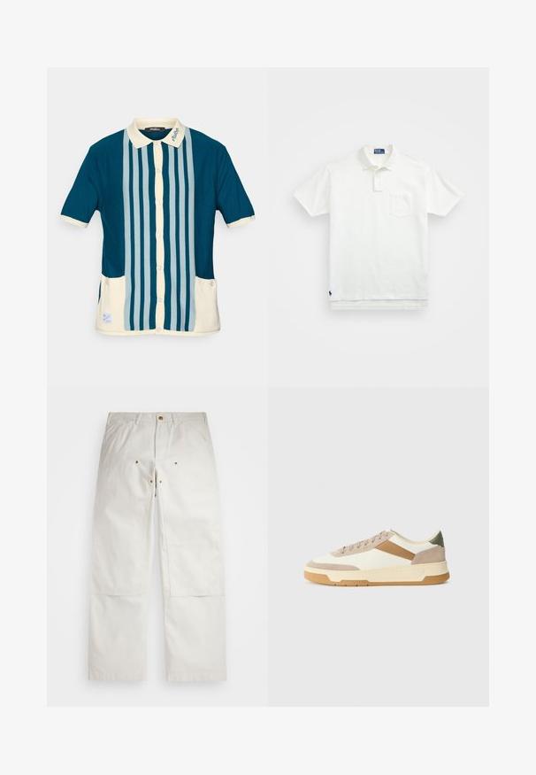 Polo a maniche corte di colore verde scuro con strisce verticali azzurre chiare. Presenta un colletto color crema e due tasche frontali.; Polo bianco in cotone, con colletto classico, placca con tre bottoni e taschino sul lato sinistro del petto; piccolo logo sull'orlo.; Pantaloni di cotone bianchi con vestibilità morbida, dotati di tasche frontali, con dettagli in metallo dorato e rinforzi sulle ginocchia.; Sneaker in beige, crema e verde oliva, con materiali in suede e pelle, punta rotonda, design minimalista e suola in gomma.