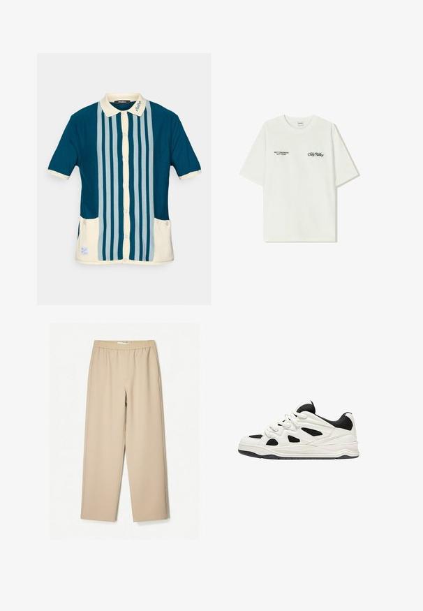 Polo a maniche corte di colore verde scuro con strisce verticali azzurre chiare. Presenta un colletto color crema e due tasche frontali.; T-shirt bianco in cotone con maniche corte. La parte anteriore presenta testo nero: "NON DOMANI NON OGGI" e "L'ARTE DEL MUOVERE LA POLVERE" in corsivo verde.; Pantaloni a gamba larga beige con vita elastica, realizzati in tessuto morbido, caratterizzati da una texture liscia e dettagli di cucitura minimi.; Scarpe da ginnastica bianche e nere con suola testurizzata, caratterizzate da intagli sui lati e lacci, e una schiena imbottita per il supporto.