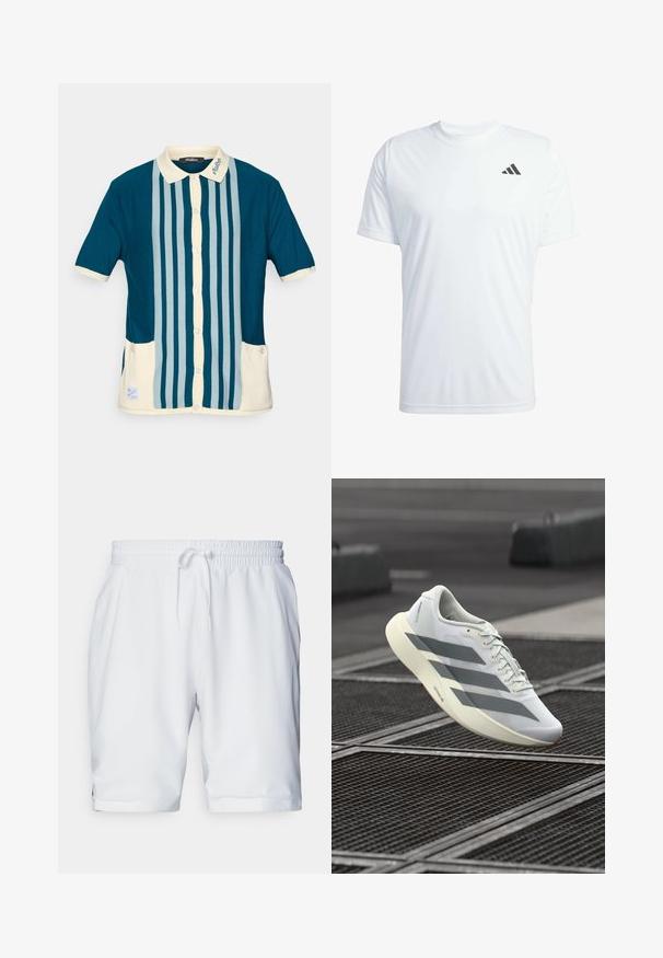 Polo majica s kratkimi rokavi v temno zeleni barvi z svetlo modrimi pokončnimi črtami. Ima ovratnik v kremni barvi in dva sprednja žepa.; Bela kratka športna majica s kratkimi rokavi, izdelana iz lahkega materiala, z črnim Adidasovim logotipom na zgornjem levem prsnem delu.; Beli športni kratki hlače z elastičnim pasom in prilagodljivo vrvico. Gladko blago z rahlo teksturo, z bočnimi žepi.; Bela športna obutev z zgornjim delom iz teksturirane mrežice, opremljena s sivimi črtami in podloženim podplatom. Lahka zasnova, primerna za tek.