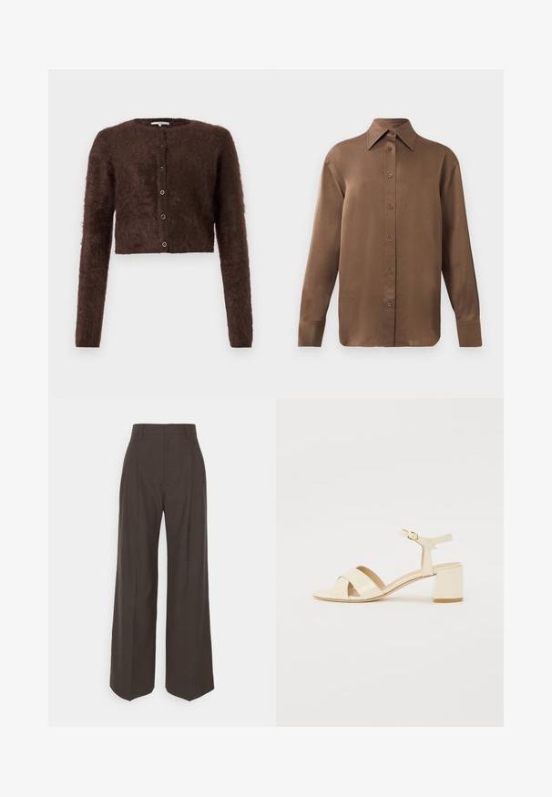 Cardigan corto marrone e morbido con maniche lunghe, collo rotondo e chiusura frontale a cinque bottoni; texture soffice e design semplice.; Camicia marrone a maniche lunghe con bottone, colletto e polsini a punta, esposta su uno sfondo bianco uniforme.; Pantaloni ampi marrone scuro con vita alta, caratterizzati da pieghe ben stirate, una texture liscia e una vestibilità su misura.; Sandali con tacco in pelle verniciata beige, design con cinturino incrociato, punta aperta, cinturino alla caviglia regolabile e tacco a blocco. Texture liscia.