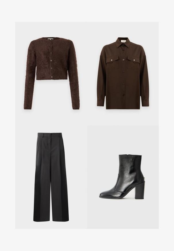 Brun fluffig kort cardigan med långa ärmar, rund hals och knäppning med fem knappar framtill; mjuk textur och enkelt design.; Mörkbrun långärmad skjorta med knappar, två fällbara bröstfickor och klassisk krage, visad mot en enkel vit bakgrund.; Svarta byxor med vida ben och hög midja, med framveck, en slät textur och en skräddarsydd finish. Designade för en avslappnad passform.; Svart läderankelboot med en slät yta, spetsig tå och en kraftig hög klack. Har en sidöppning och ett minimalistiskt design.
