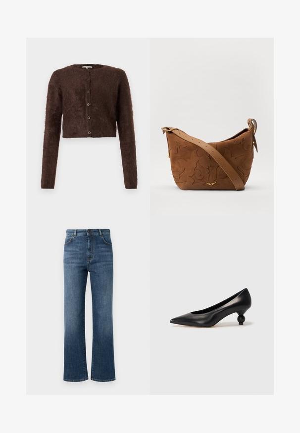 Brown fluffy cropped cardigan with long sleeves, round neck, and five button closure on the front; soft texture and simple design.; White ribbed short-sleeve top with a wide neckline. The texture features vertical stripes, emphasizing a snug fit and simple design.; Denim jeans in dark blue, featuring a straight leg design, five-pocket styling, button closure, and subtle stitching details.; Black leather high heel shoe with a pointed toe and a round, balled heel. Smooth texture with a sleek, minimal design.; Brown suede shoulder bag with embossed floral design, complemented by a smooth brown leather strap and gold-tone hardware accent.