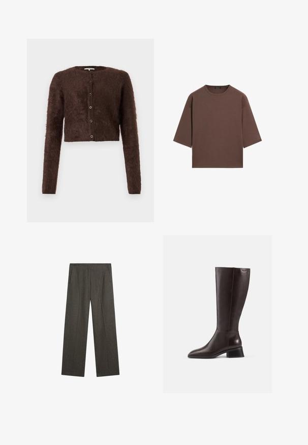 Brauner, flauschiger, kurz geschnittener Cardigan mit langen Ärmeln, Rundhalsausschnitt und fünf Knopfverschlüssen auf der Vorderseite; weicher Stoff und schlichtes Design.; Braunes, kurzes T-Shirt mit rundem Halsausschnitt, kurzen Ärmeln und einer weichen Textur. Entworfen mit einem lässigen Schnitt und minimalen Details.; Dunkelgraue, weite Hosen aus strukturiertem Stoff, mit zwei seitlichen Taschen und einem klaren vorderen Bundfalten. Einfache, maßgeschneiderte Gestaltung.; Knöchelhohe, braune Lederstiefel mit glatter Oberfläche, abgerundeter Spitze und gestapeltem schwarzen Absatz. Schlichtes Design mit minimalen Hardware-Details.