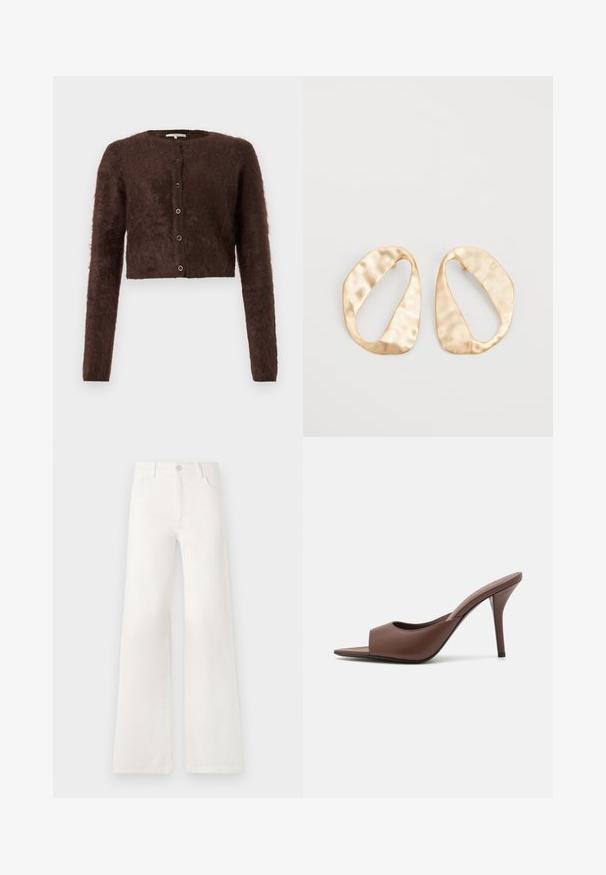 Bruine fluffy geknipte cardigan met lange mouwen, ronde hals en vijf knopen aan de voorkant; zachte textuur en eenvoudig ontwerp.; Beige ribbel T-shirt met korte mouwen en een ronde hals, met zichtbare naden op de mouwen en halslijn, plat liggend op een witte achtergrond.; Witte, hoogwaist, wijde jeans van denim. Heeft een knoopsluiting, twee voorkruiszakken en zijnaadstiksel details.; Bruine leren open-teen hoge hak muiltjes met een slank ontwerp, voorzien van een brede voorkruistrap en een slanke stiletto hiel.; Een paar onregelmatig ovale, gouden metalen oorbellen met een gestructureerd, lichtgehamerd oppervlak op een witte achtergrond.